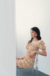 Silk Ruched Mini Dress with Puff Sleeves and Square Neckline